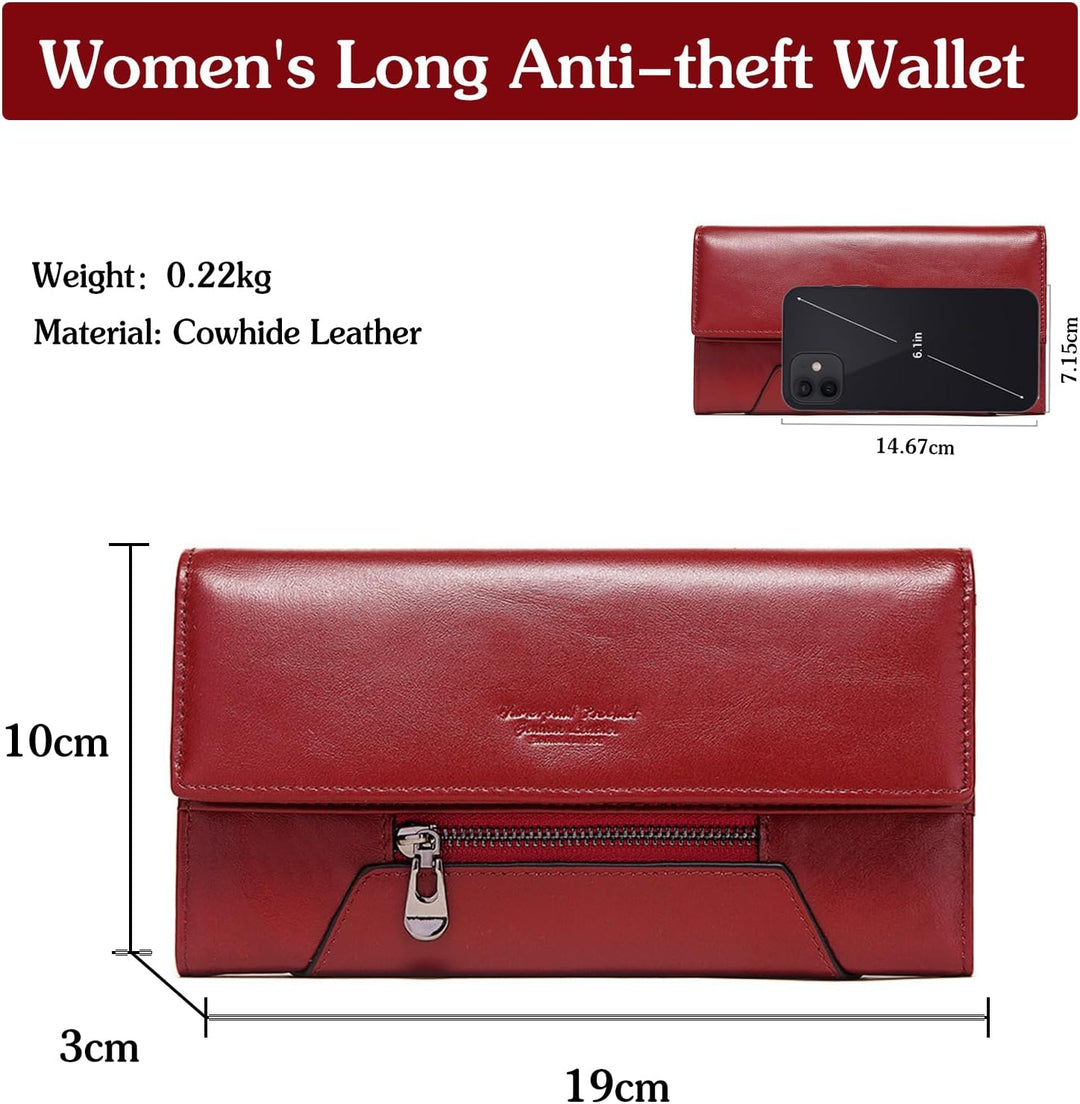 Geldbeutel Damen Leder RFID Schutz Geldbörse Large Portemonnaie Minimalistisch Lange Brieftasche Rot