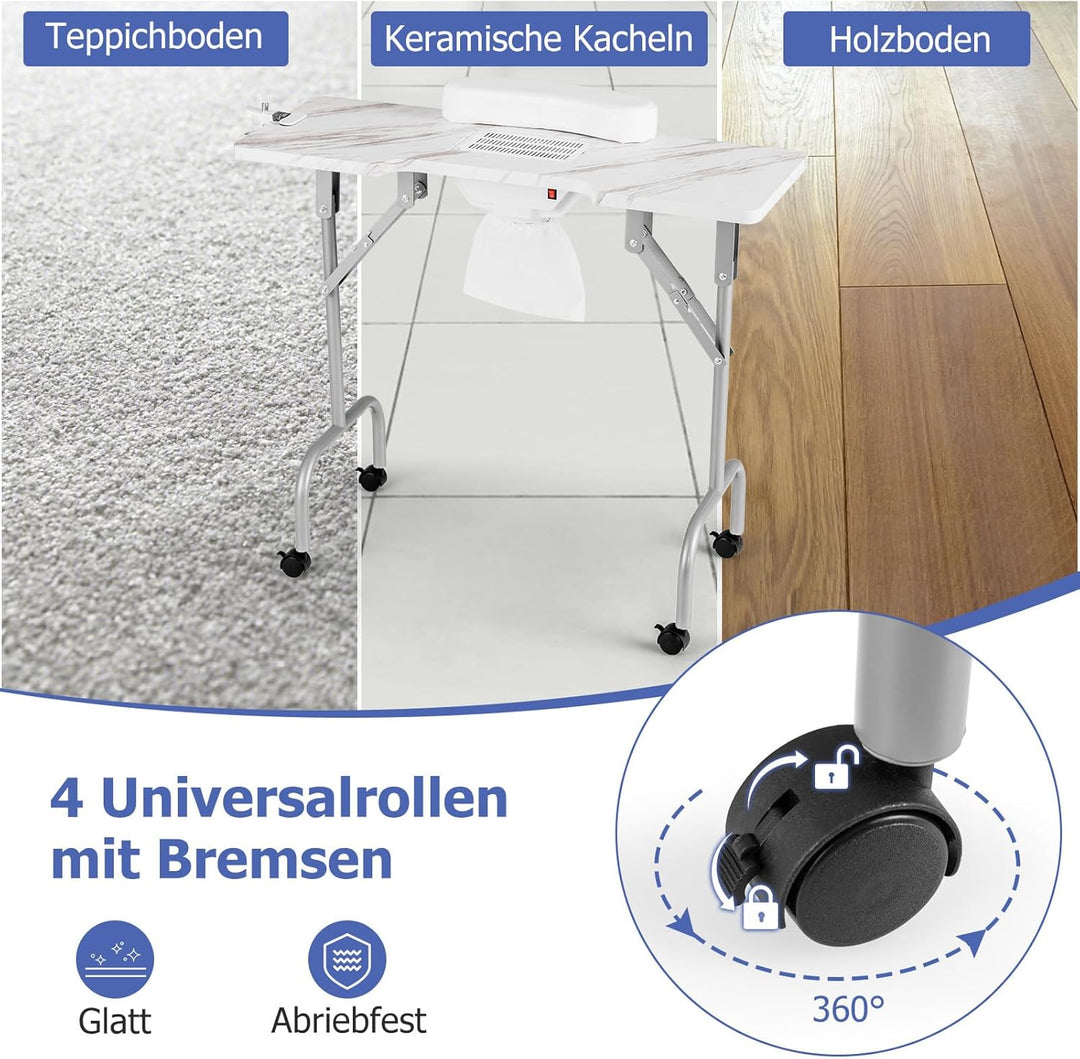 COSTWAY Maniküretisch klappbar, Nageltisch mit elektrischem Staubsammler, LED-Lampe, Handgelenkaufla