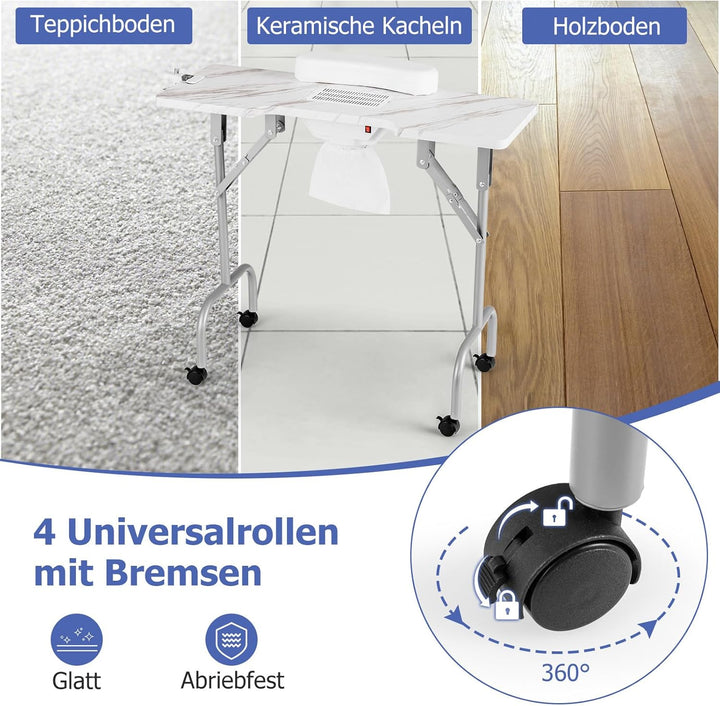 COSTWAY Maniküretisch klappbar, Nageltisch mit elektrischem Staubsammler, LED-Lampe, Handgelenkaufla