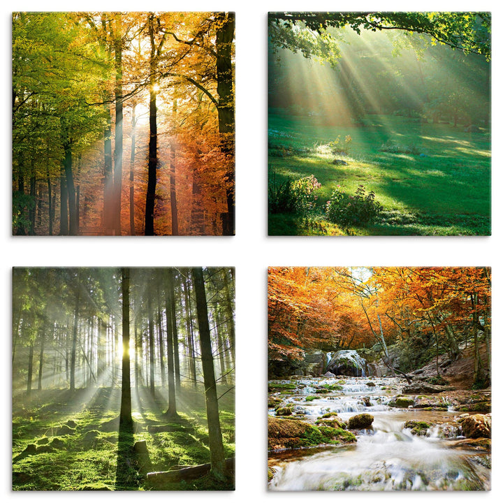ARTLAND Leinwandbilder auf Holz 4 teilig je 40x40 cm + weitere Grössen Bilderset Natur Waldbilder He