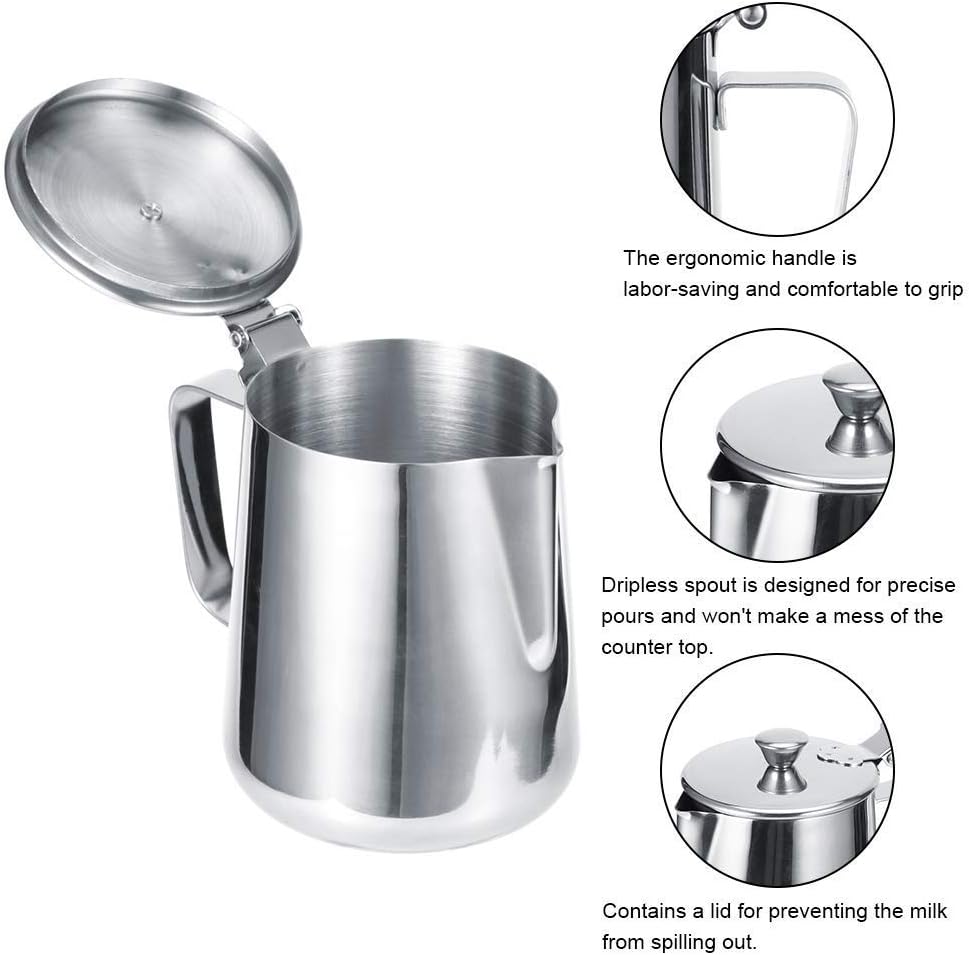 Milchkännchen mit Deckel, 600 ml/1000 ml, Milchaufschäumkännchen, Edelstahl Kanne mit Deckel, Milcha