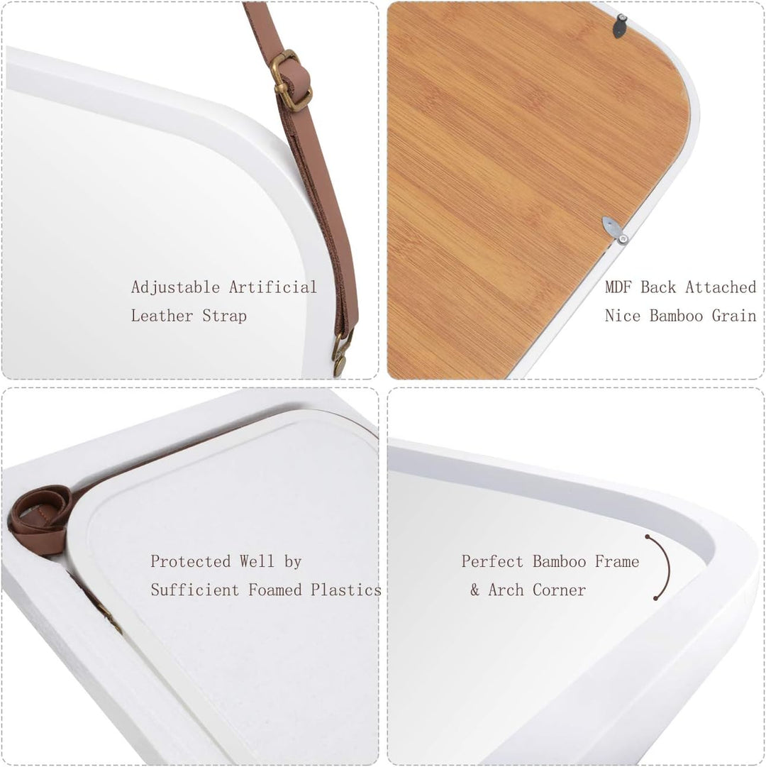 ZRI Bamboo Wandspiegel Flur Spiegel Badspiegel mit Verstellbarer Lederband Rechteckig (Weiss, 40.5 x