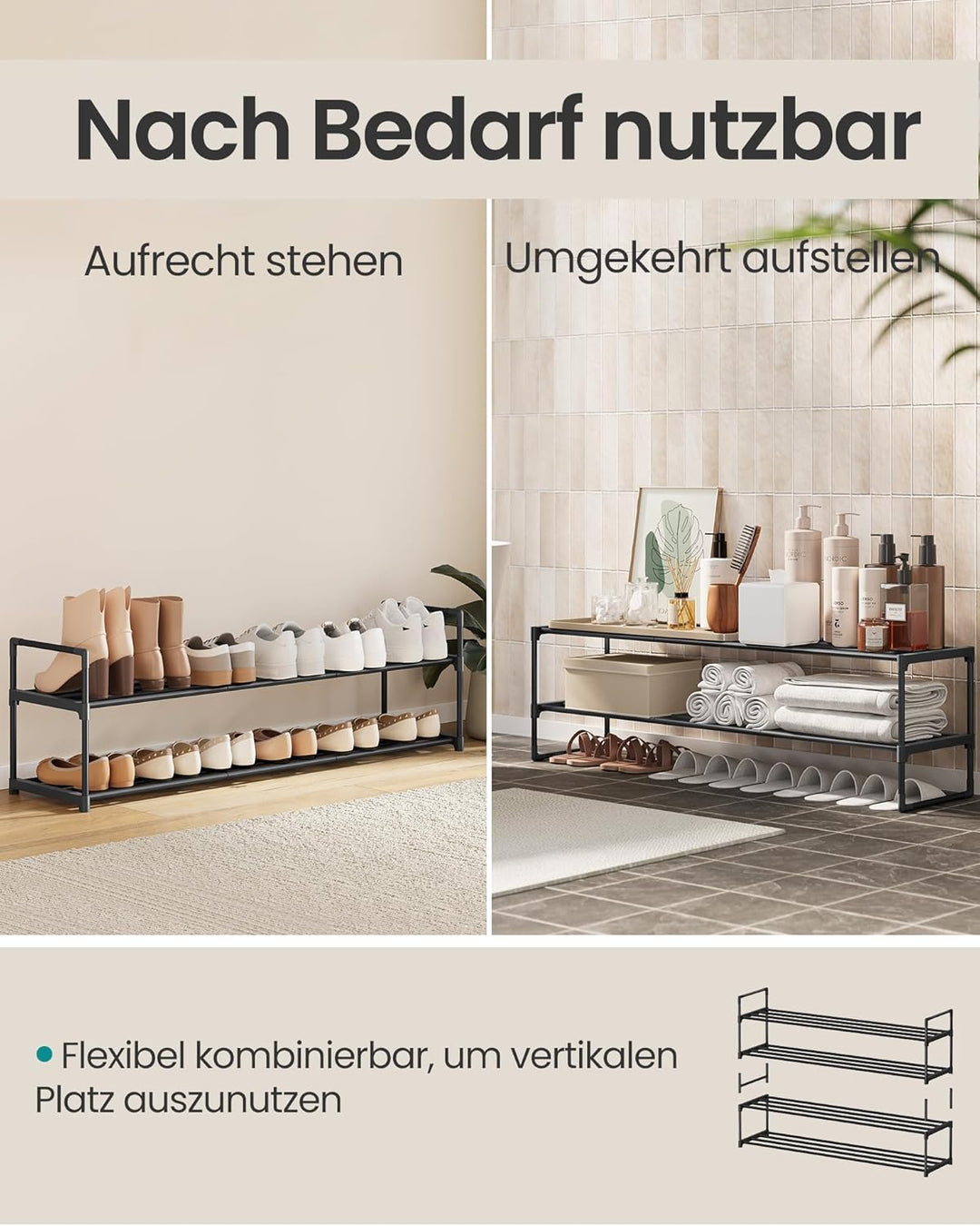 SONGMICS Schuhregal 2 Ebenen, Schuhständer Metall, Schuhaufbewahrung, Schuh-Organizer, aufrecht oder