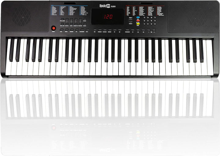 RockJam Compact 61 Key Keyboard with Sheet Music Stand, Power Supply, Piano Note Stickers & Simply P
