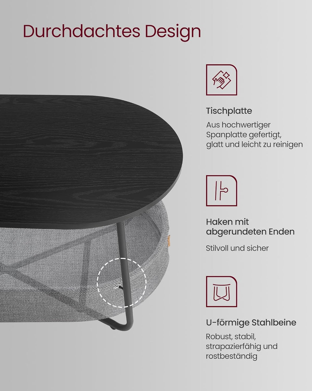 VASAGLE Couchtisch oval, Tisch mit Stauraum, Beistelltisch, Wohnzimmertisch mit Korb aus Stoff, mode
