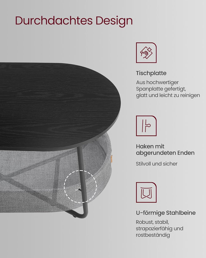 VASAGLE Couchtisch oval, Tisch mit Stauraum, Beistelltisch, Wohnzimmertisch mit Korb aus Stoff, mode