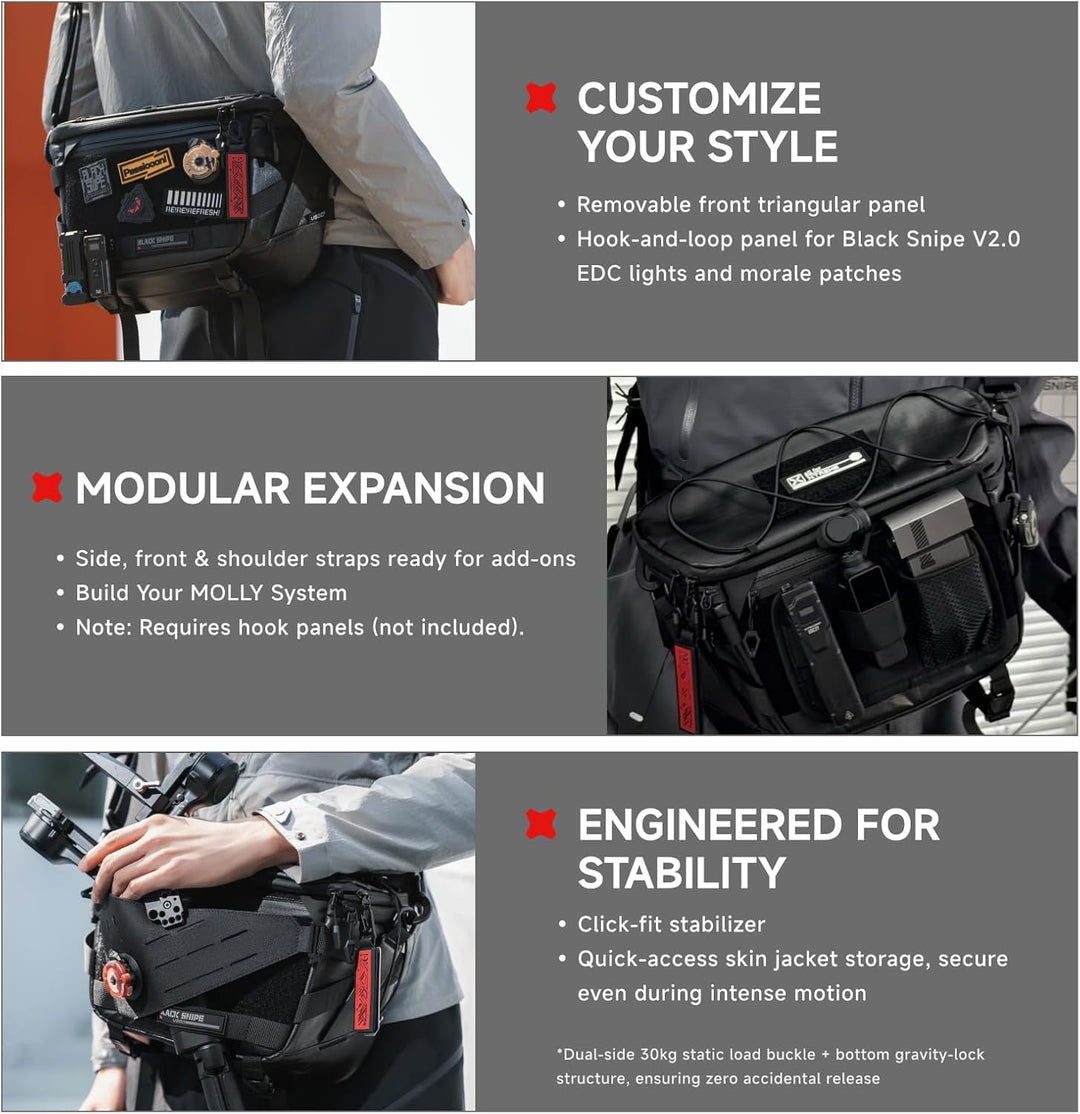 VSGO Black Snipe Pro 7-9L Erweiterbare Kameratasche – Wasserabweisender Techwear-Stoff, Anti-Drehung