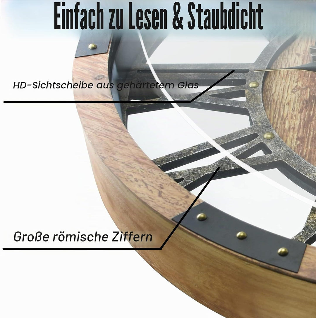 DORBOKER 68CM Grosse Vintage Wanduhr mit Beweglichen Zahnrädern, Retro Holz-Metallskelett, Gehärtete