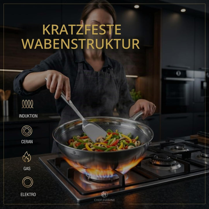CHEF CUISINE Wokpfanne 32cm Edelstahl mit Antihaft Honeycomb Beschichtung – Wok mit kratzfester Wabe