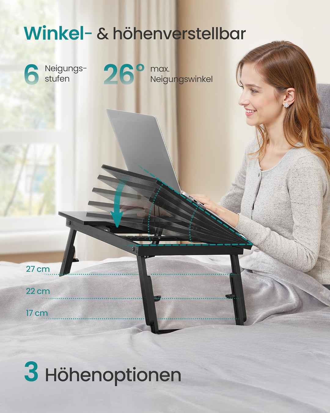 SONGMICS Laptoptisch für Bett, Laptopständer, winkel- und höhenverstellbar, klappbare Beine, für Lap