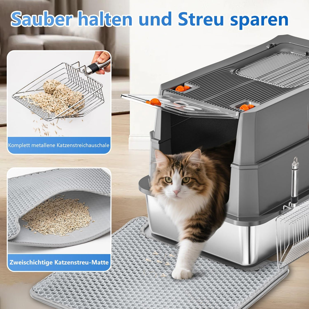 Edelstahl Katzenklo mit Deckel, 155° Klappdeckel XL Katzentoilette, Geschlossene Metall-Klobox inkl.