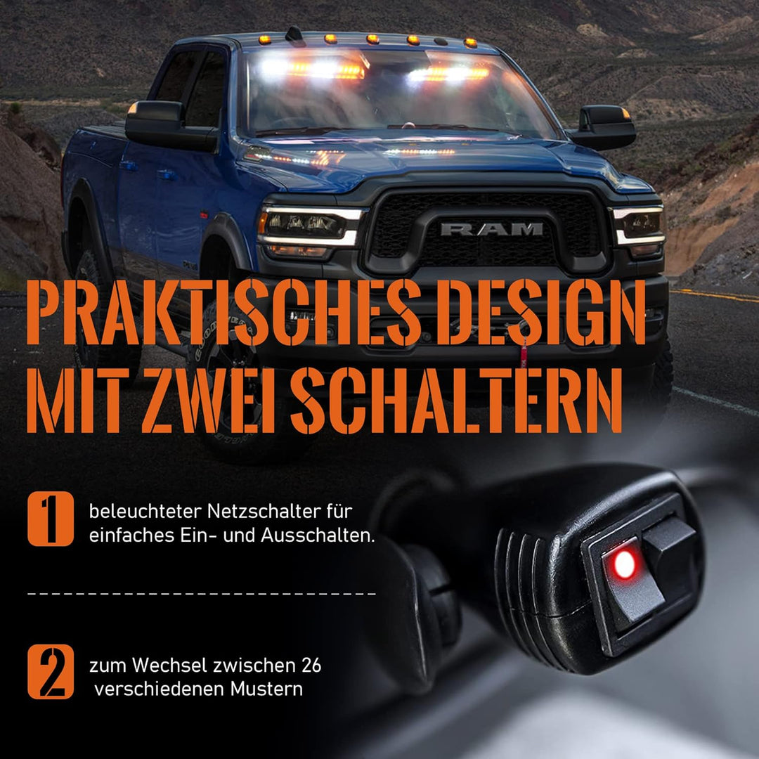 2pcs 16,8-Zoll Blinken LED Warnleuchte Orange + weisses Leuchtfeuer Interior blinkende Lichtleiste V