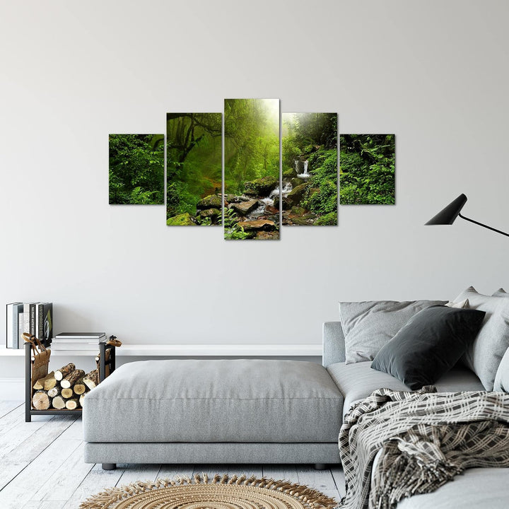 Runa Art Bild Wohnzimmer Schlafzimmer Natur Wald 5 Teilig Landschaft Grün Wandbilder auf Vlies Leinw