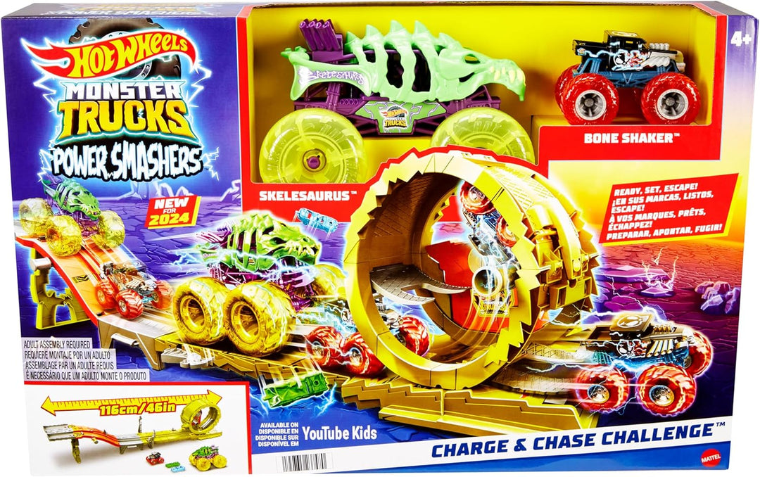 Hot Wheels Monster Trucks Trackset mit 2 Spielzeugtrucks: extragrosser Skelesaurus und 1 Bone Shaker
