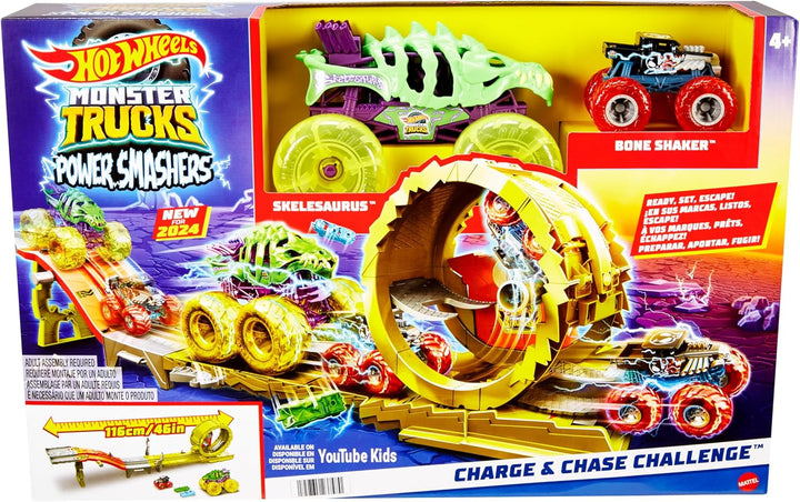 Hot Wheels Monster Trucks Trackset mit 2 Spielzeugtrucks: extragrosser Skelesaurus und 1 Bone Shaker