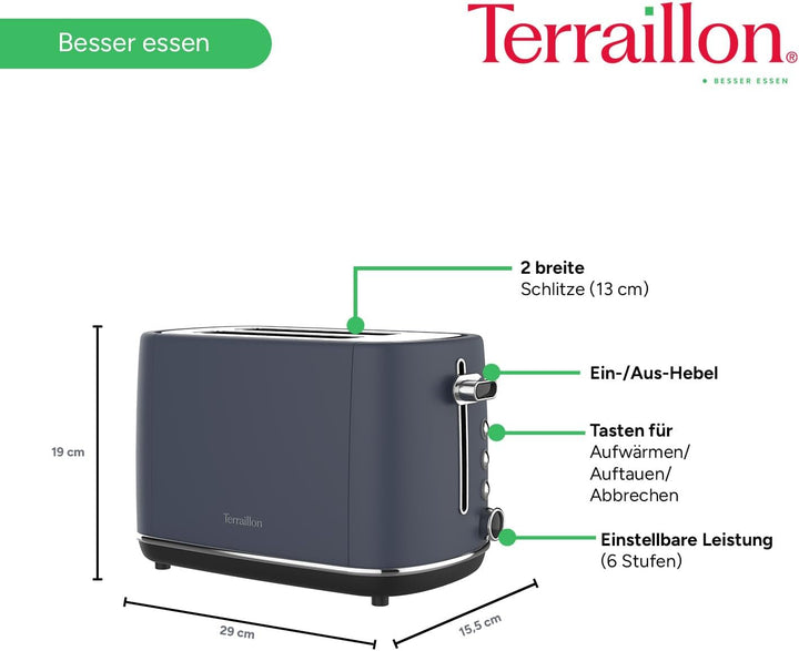 TERRAILLON New Moon Toaster mit 2 Schlitzen, 13 cm, 6 Leistungsstufen (1050 W) – Auftauen, Aufwärmen