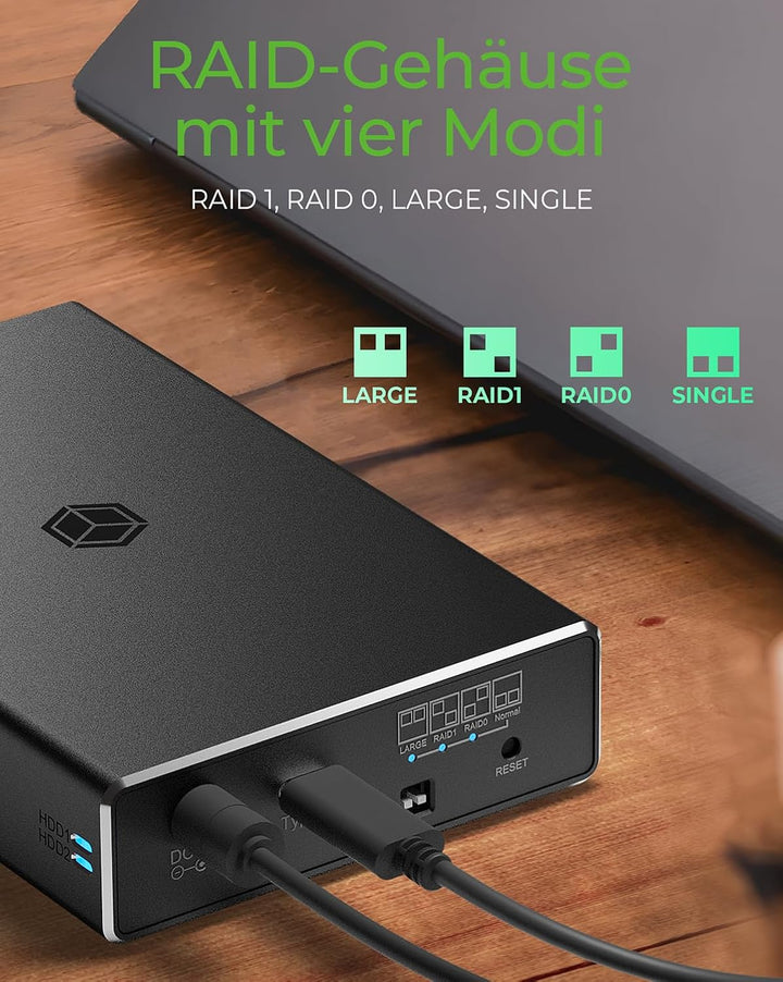 ICY BOX RAID Gehäuse für 2X 2,5 Zoll SSD & HDD, USB-C & USB-A Kabel, USB 3.1 Gen2 (10 Gbit/s), Alumi