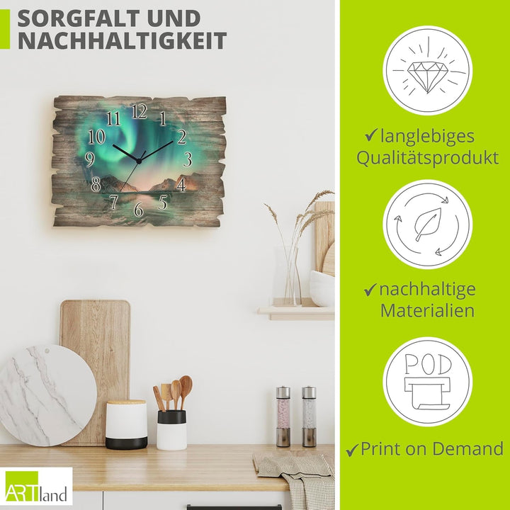 ARTLAND Wanduhr ohne Tickgeräusche aus Holz Quarzuhr 40x30 cm Rechteckig Lautlos Nordlicht Polarlich