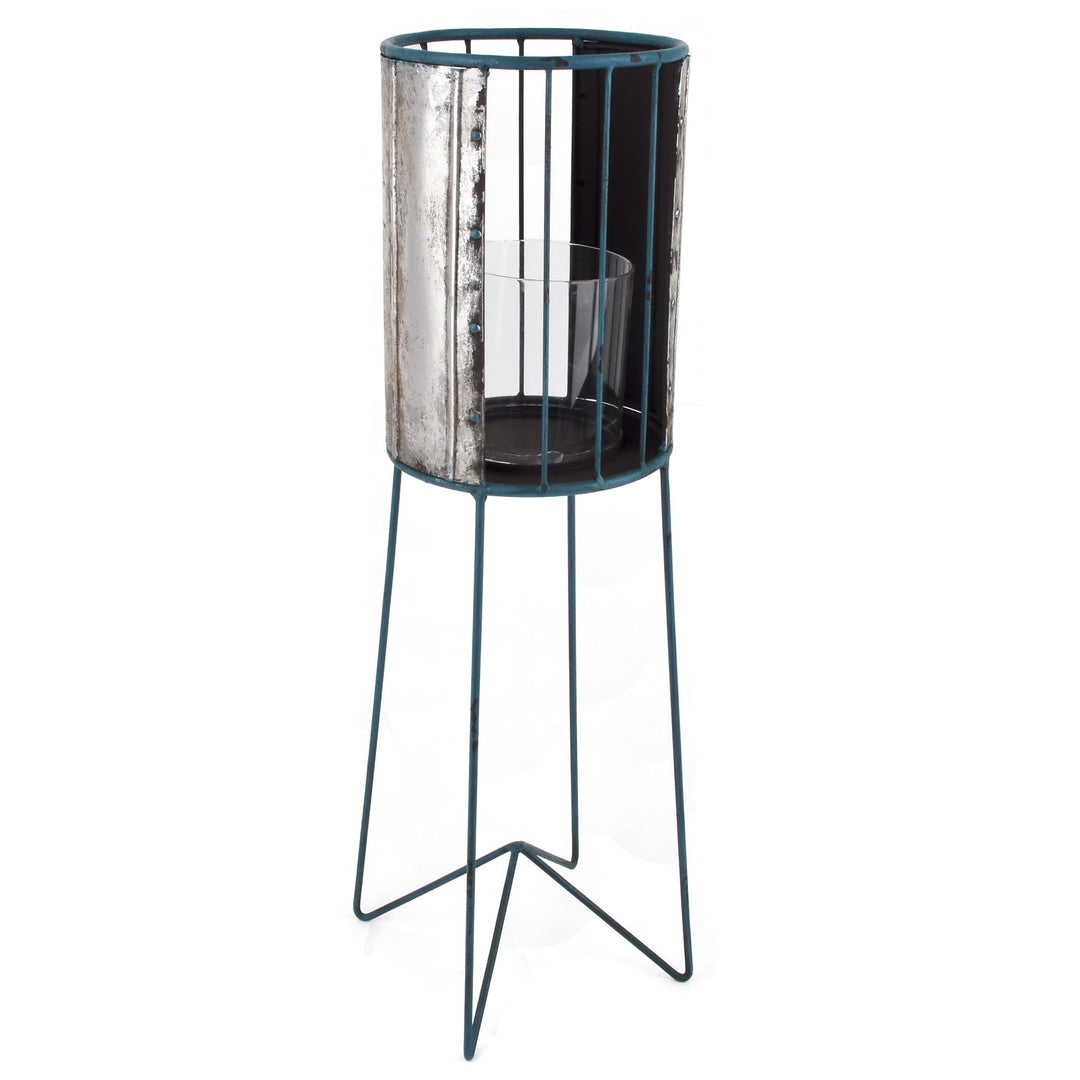 Laterne Beach Lounge Design Metall Silber blau Windlicht (67x19x19cm)