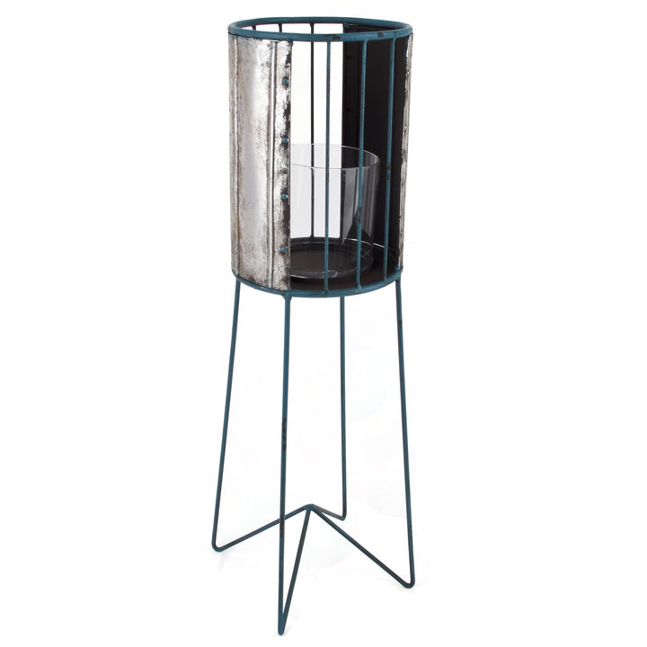 Laterne Beach Lounge Design Metall Silber blau Windlicht (67x19x19cm)