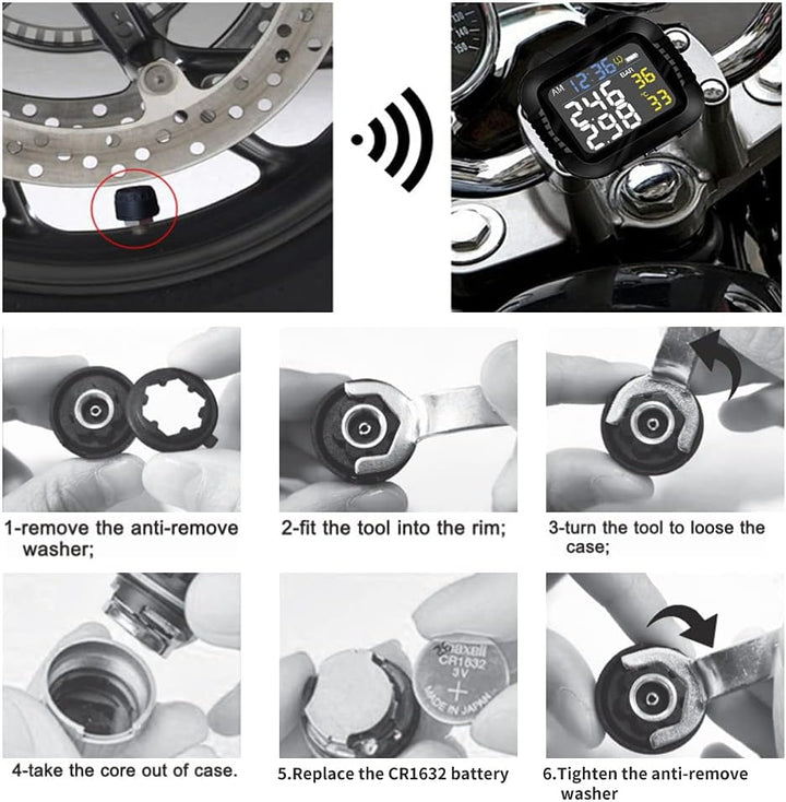 Riloer Motorrad-Reifendrucküberwachungssystem TPMS mit 2 externen Sensoren Kabelloses LCD-Display US
