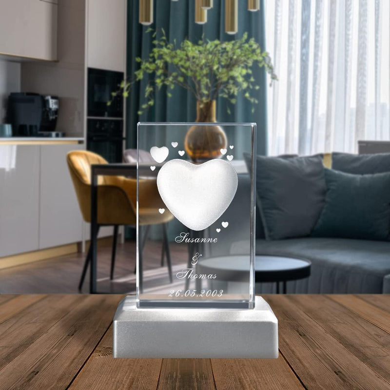 LOOXIS Personalisierte 3D Herz-Gravur im Glas – versch. Motive, Namen, Wunsch-Text – Geschenk-Idee z