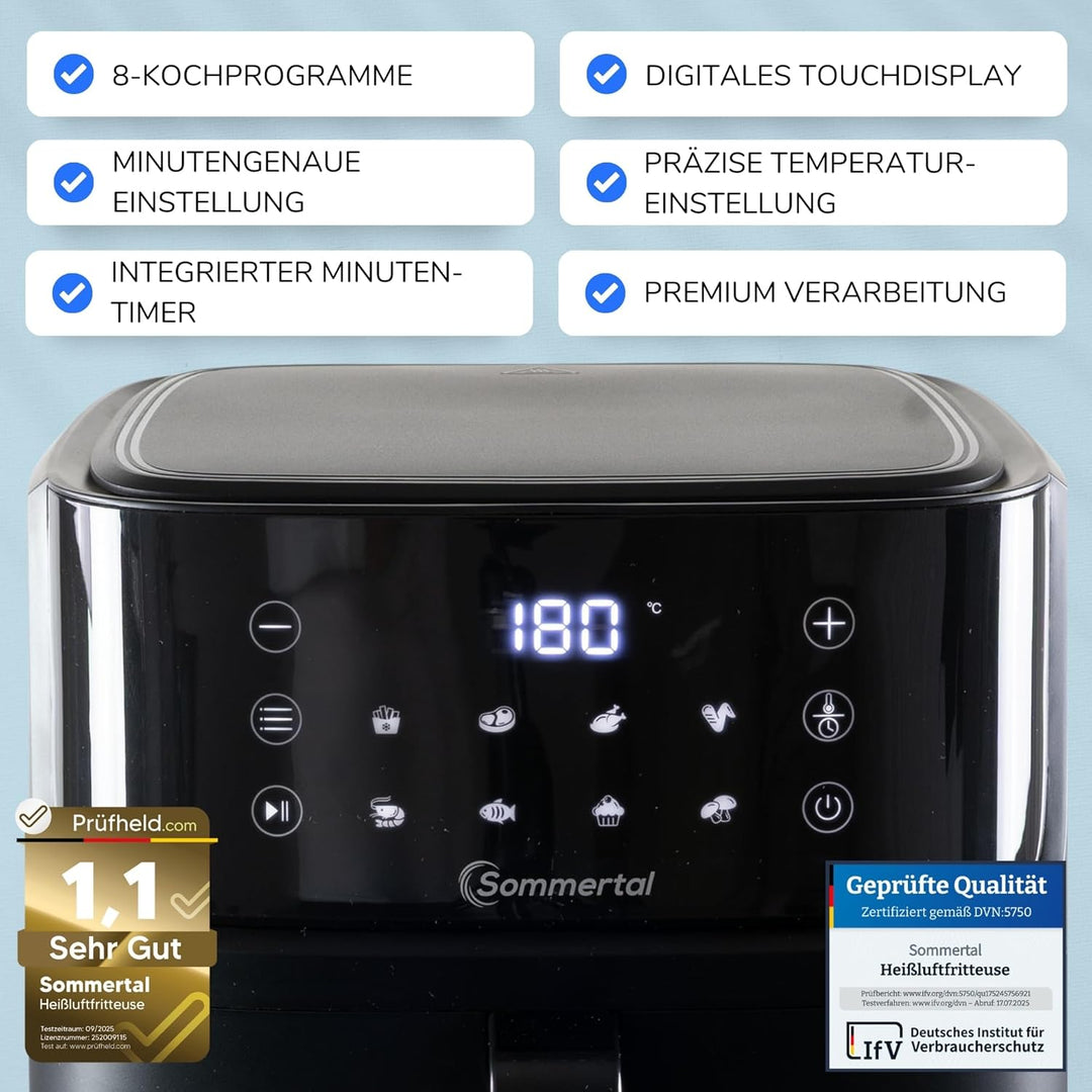 Sommertal HF760 – XXL Airfryer 7,6L für 12 Portionen, spart bis zu 55% Energie, 2000W Power, digital