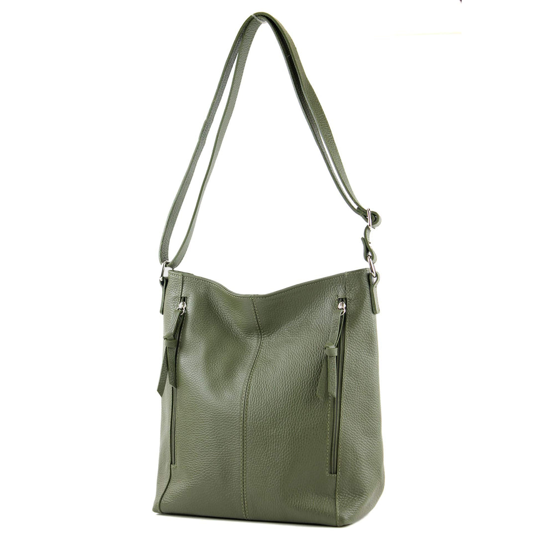 modamoda de - T195 - ital Umhängetasche Schultertasche aus Leder Olivgrün, Olivgrün