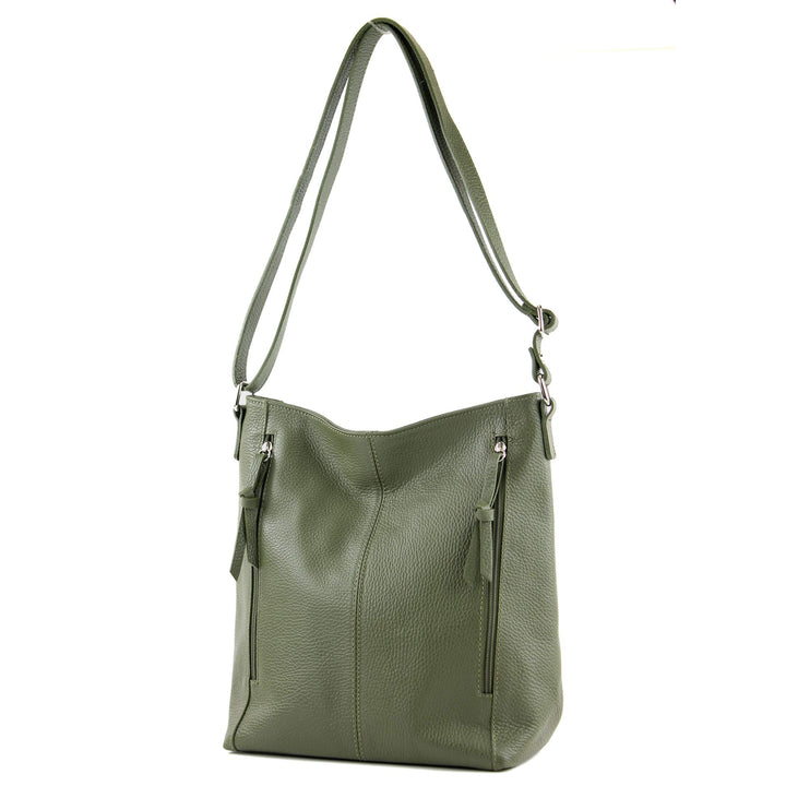 modamoda de - T195 - ital Umhängetasche Schultertasche aus Leder Olivgrün, Olivgrün