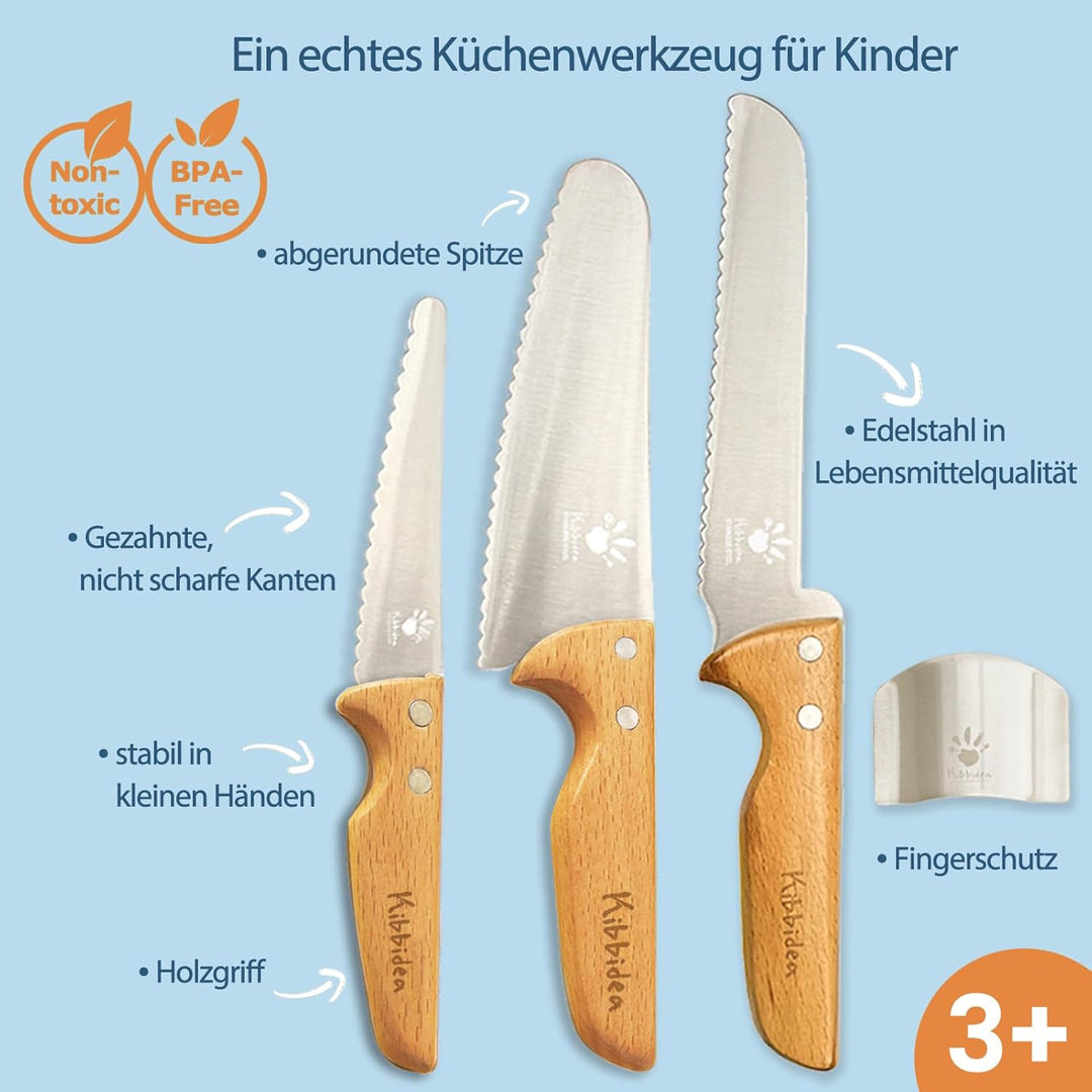 Kibbidea Kindermesser Set, Kinder Messer, Küchenmesser für Kinder ab 3 Jahren, Holzgriff, Edelstahl,