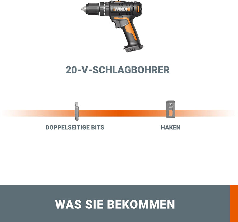 WORX WX370.9 Akku Schlagbohrschrauber 20V - 50Nm, 2-Gang-Getriebe & LED-Licht - zum Schrauben, Bohre