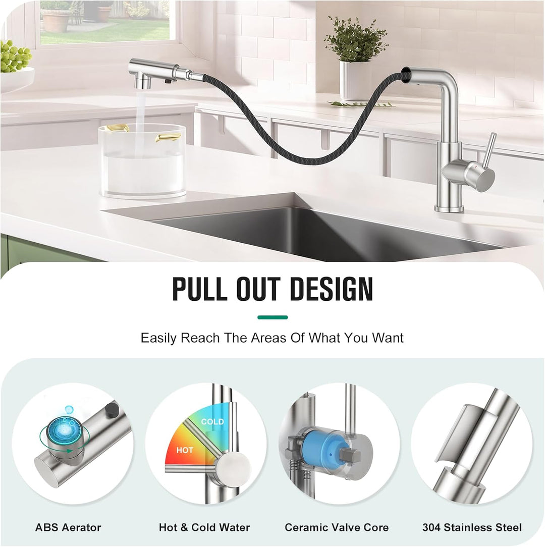 CREA Wasserhahn Küche mit 3 Funktionen Brause,360° Drehbar Hochdruck Einhebelmischer Mischbatterie S