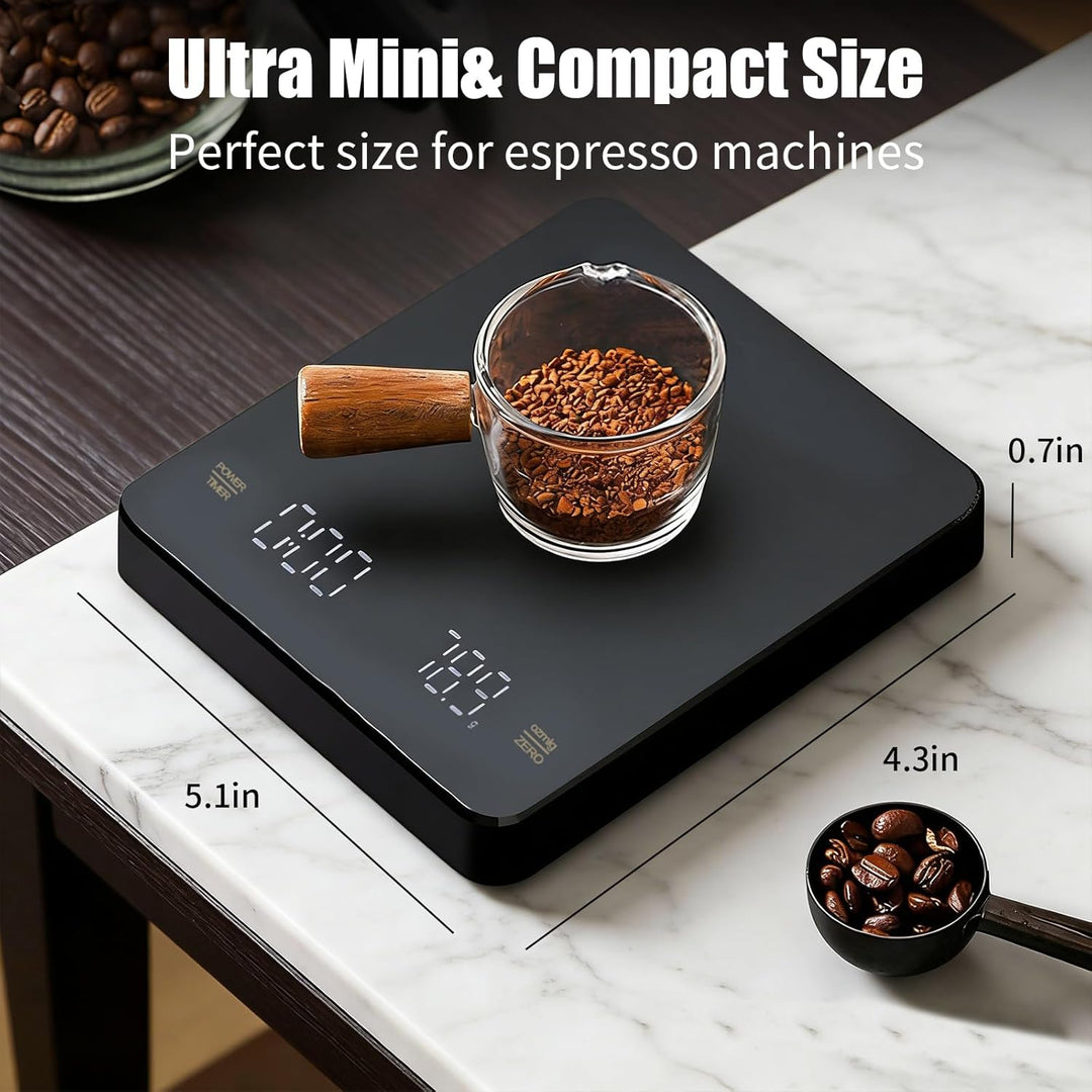 Kaffeewaage mit Timer, 3kg/0.1g Wiederaufladbare Digitale Küchenwaage, Tragbar mit LED-Anzeige & Aut