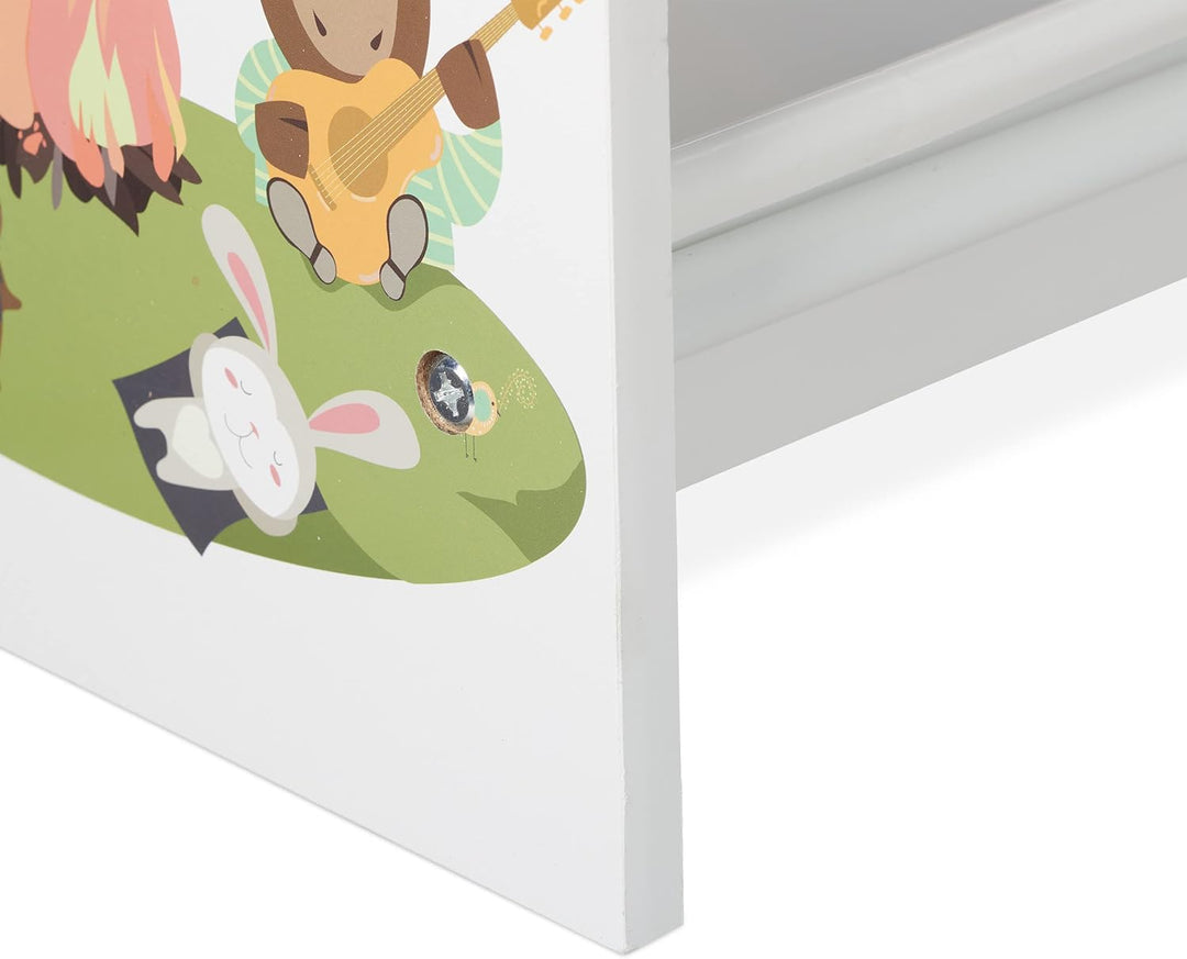 Relaxdays Kinderregal, 9 Aufbewahrungsboxen, Lagerfeuer Motiv, MDF, Kunststoff, Spielzeugregal HBT: