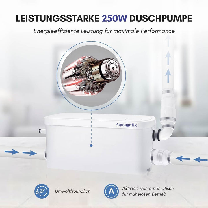 Aquamatix Duschpumpe 250W Hebeanlage Kompakte Abflusspumpe, Abwasserpumpe 8m Vertikale Pumpentfernun