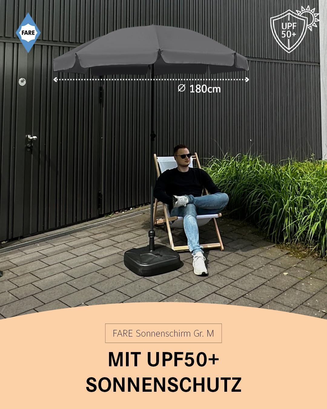 FARE Sonnenschirm Gr. M mit Volant - 180 cm Durchmesser - UV-Schutz 50+ für Balkon Garten Terrasse S