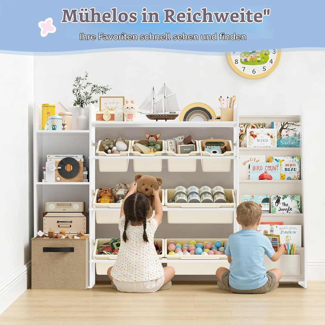 Kinderregal, Holz-Bücherregal mit 8 Aufbewahrungsboxen, Kinderzimmermöbel mit Spielzeugkiste für Sch