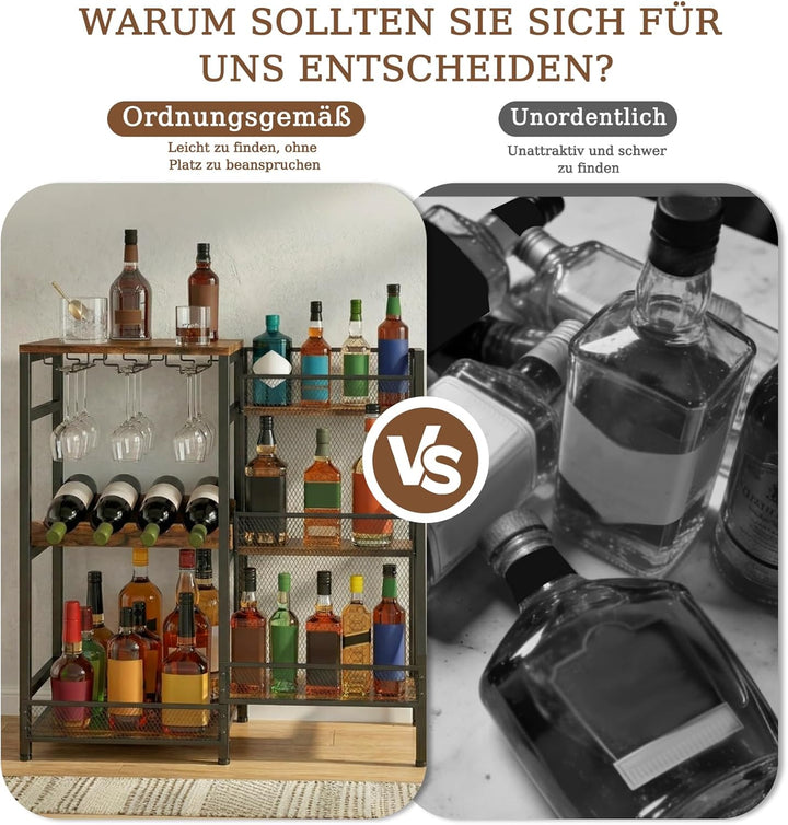 3-Tier Abgestufte Liquor Cabinet Mini Bar, Freistehendes Weinregal mit Geländer und Glashalter, Meta