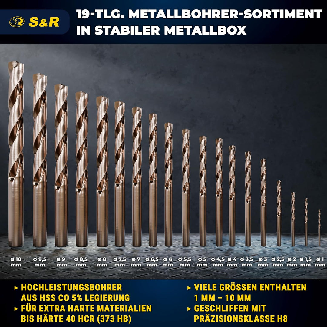 S&amp;R Metallbohrer Set 1,0-10 mm, 19 Stk, Industrie-Qualität, extra hohe Standzeit, HSS COBALT Kobaltl