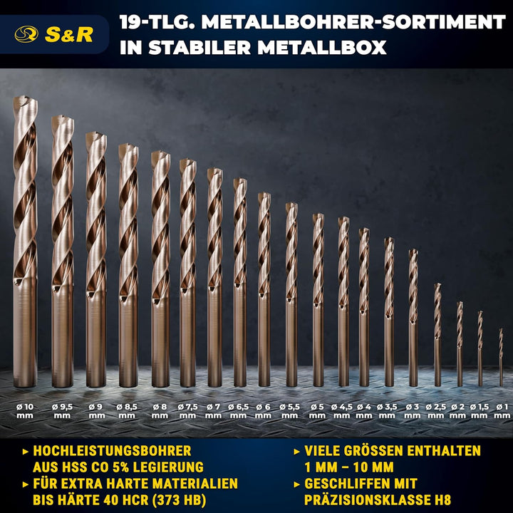 S&amp;R Metallbohrer Set 1,0-10 mm, 19 Stk, Industrie-Qualität, extra hohe Standzeit, HSS COBALT Kobaltl