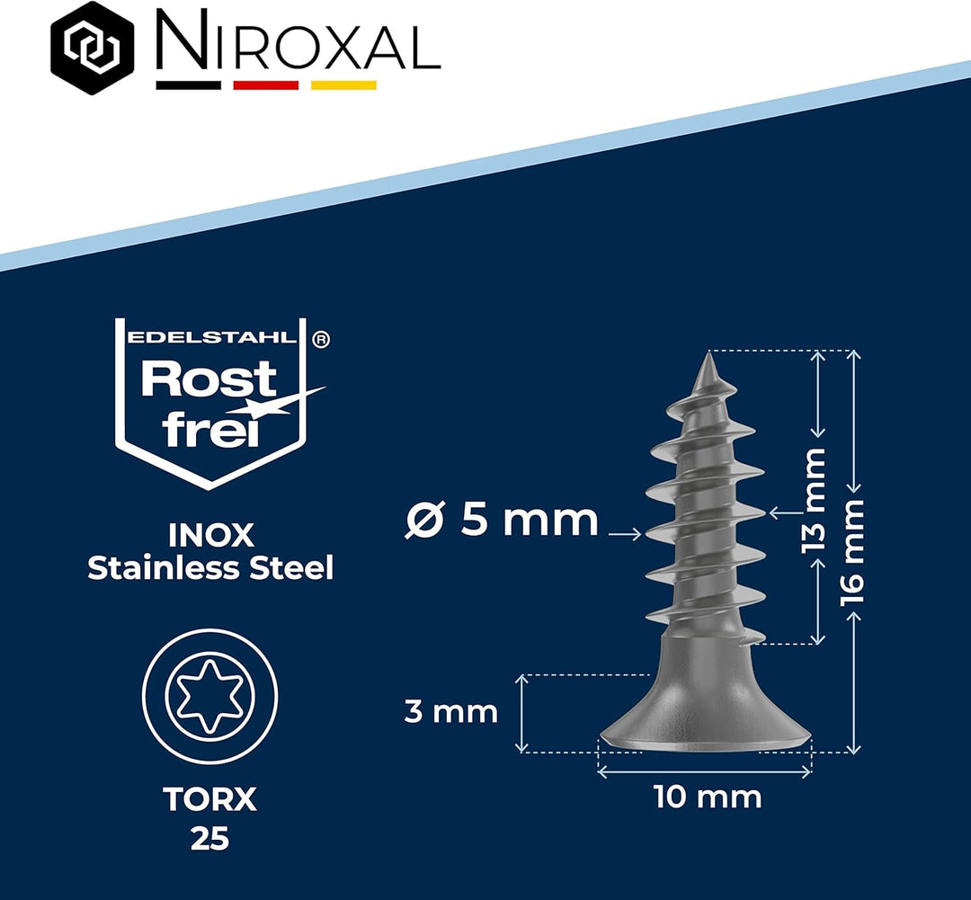 Edelstahlschrauben Torx Holzschrauben 5x16 Edelstahl V2A rostfrei Spanplattenschrauben für Holz Voll