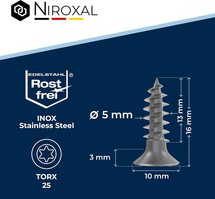 Edelstahlschrauben Torx Holzschrauben 5x16 Edelstahl V2A rostfrei Spanplattenschrauben für Holz Voll