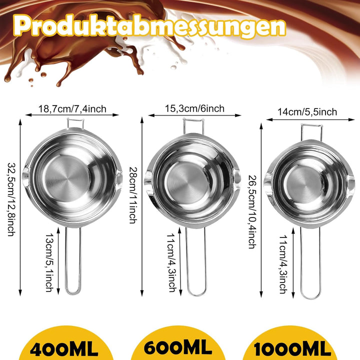 3 Stück Kerzenwachs Schmelztopf, 400ml, 600ml, 1000ml Schokolade Schmelzen Topf, 304 Edelstahl Wasse