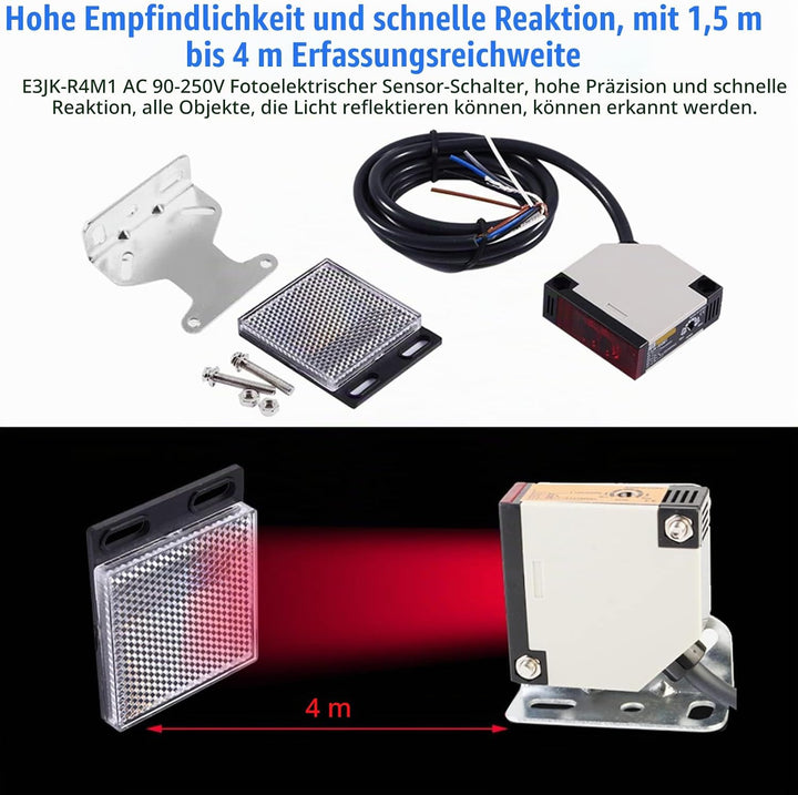 Keenso Reflexlichtschranke, 1 Stk E3JK-R4M1 Reflexions-Lichtschranke AC 90-250V 3A Lichtschranke Spi