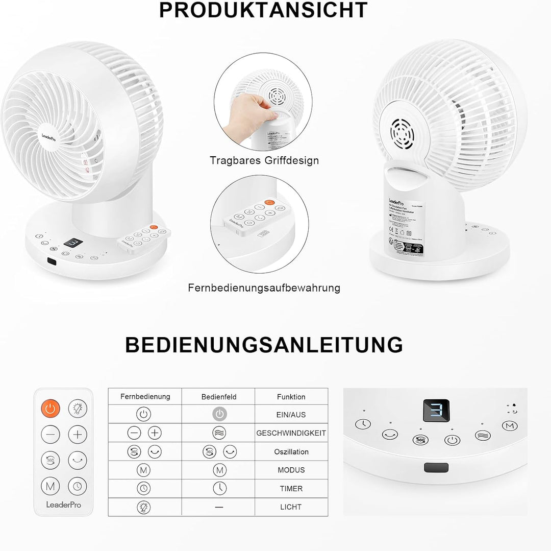Tischventilator mit Fernbedienung - 32W Leiser Ventilator mit 4 Geschwindigkeitsstufen, 8h Timer, 70