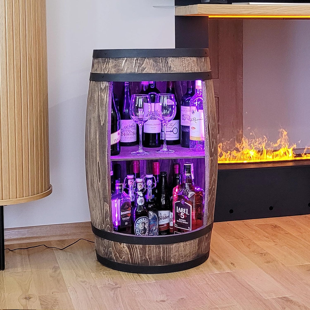weeco Weinfass als Weinregal - Weinschrank Barschrank LED-Leuchten, Bar Tisch aus Holzfass, Wein Rac