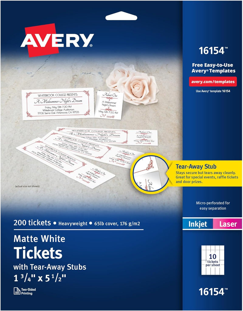 Avery Bedruckbare Tickets mit abreissbaren Stäben, Weiss, 4,5 cm Breite x 14,9 cm Länge – Laser, Tin