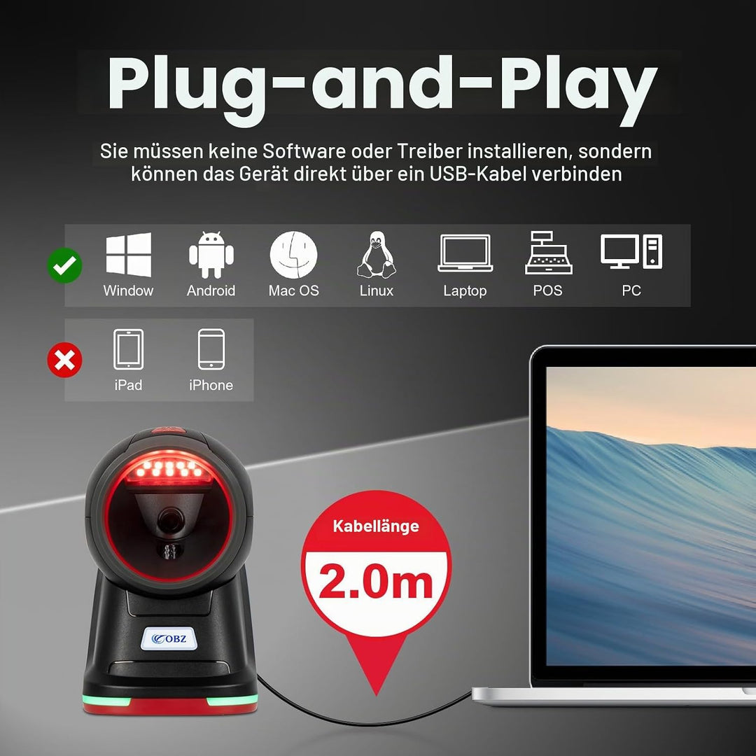 OBZ Desktop Barcode Scanner 1D 2D QR-Code | USB-Kabelgebundener Hands-Free mit Omnidirektionalem Sca