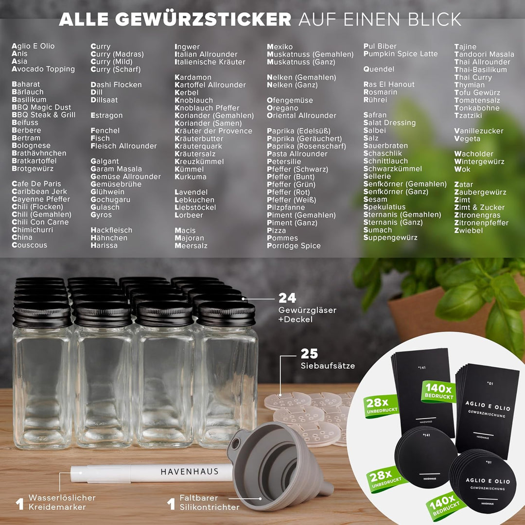 Gewürzgläser Set schwarz | 24 Gewürz Organizer inkl. 336 deutschen Gewürzetiketten | Gewürzgläser ec
