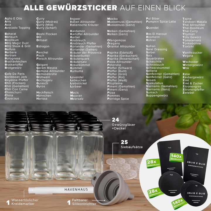 Gewürzgläser Set schwarz | 24 Gewürz Organizer inkl. 336 deutschen Gewürzetiketten | Gewürzgläser ec